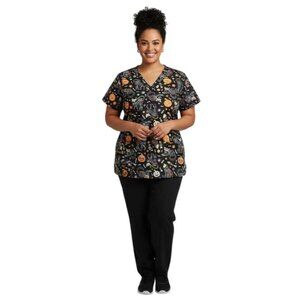 Luv Scrubs Women's Halloween Cartoon Print V-Neck Scrub Shirt Top Plus Size 2X